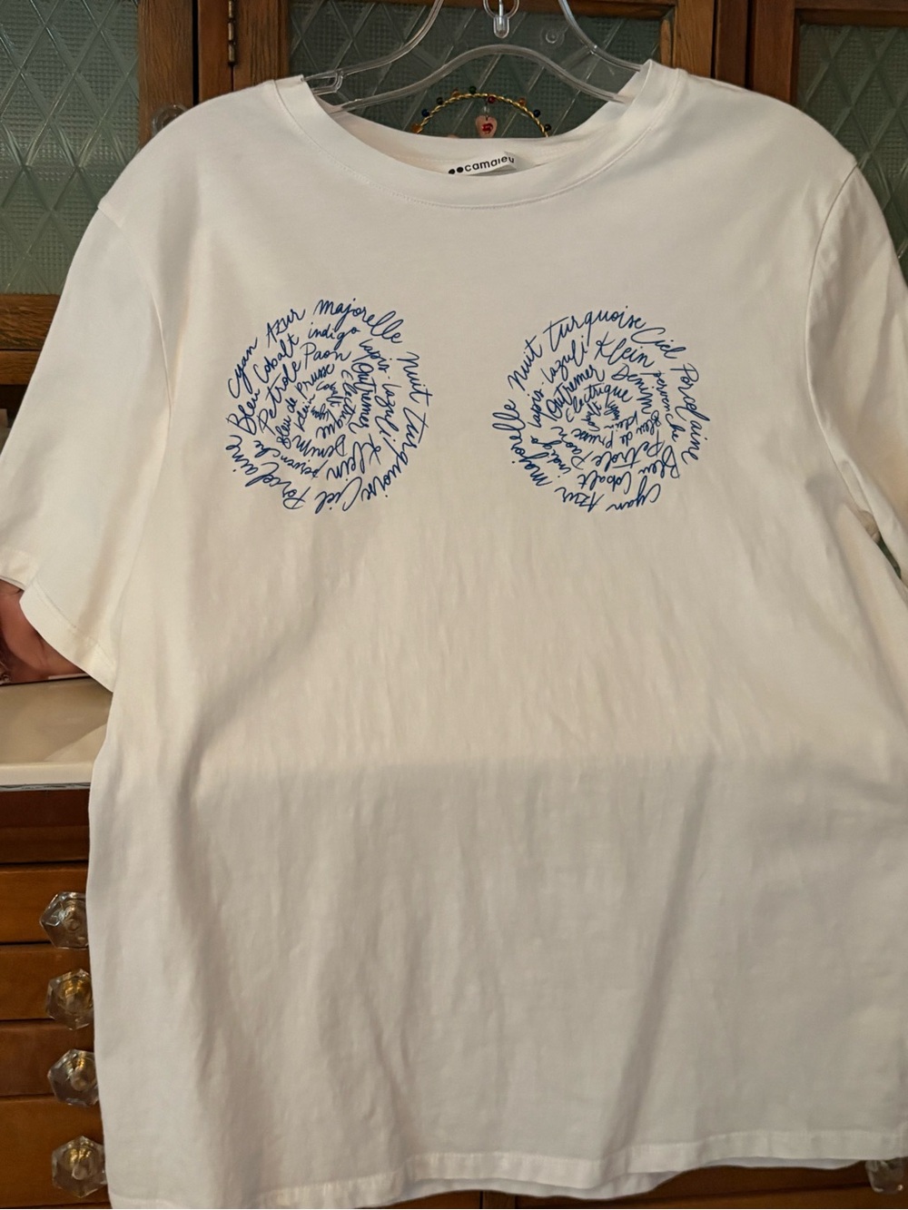 White Short-Sleeve Graphic Tee with Blue Script Circles